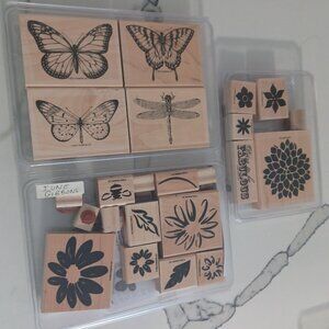 Stampin' Up! Wood Stamps 23 pcs Butterflies Flowers Dragonfly Leaves